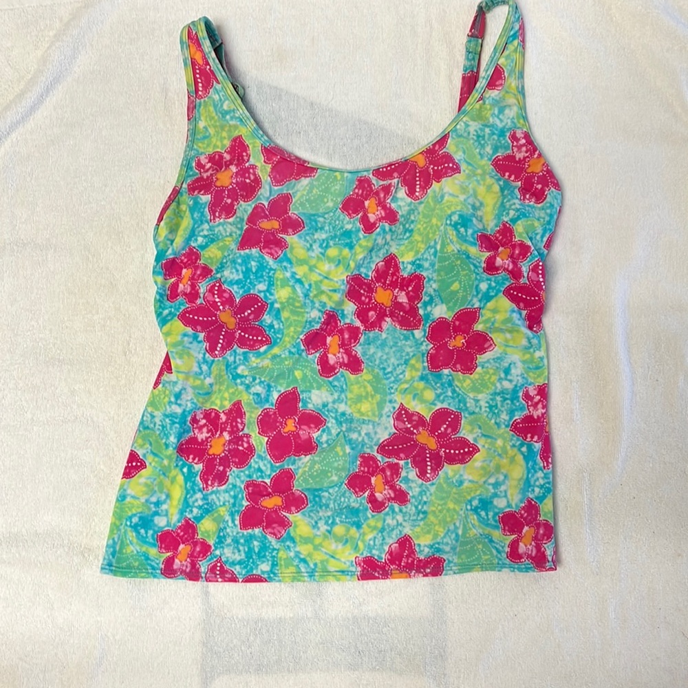 Floral Bathing Suit Top. Pink, Aqua, Yellow and White. Kim Rogers